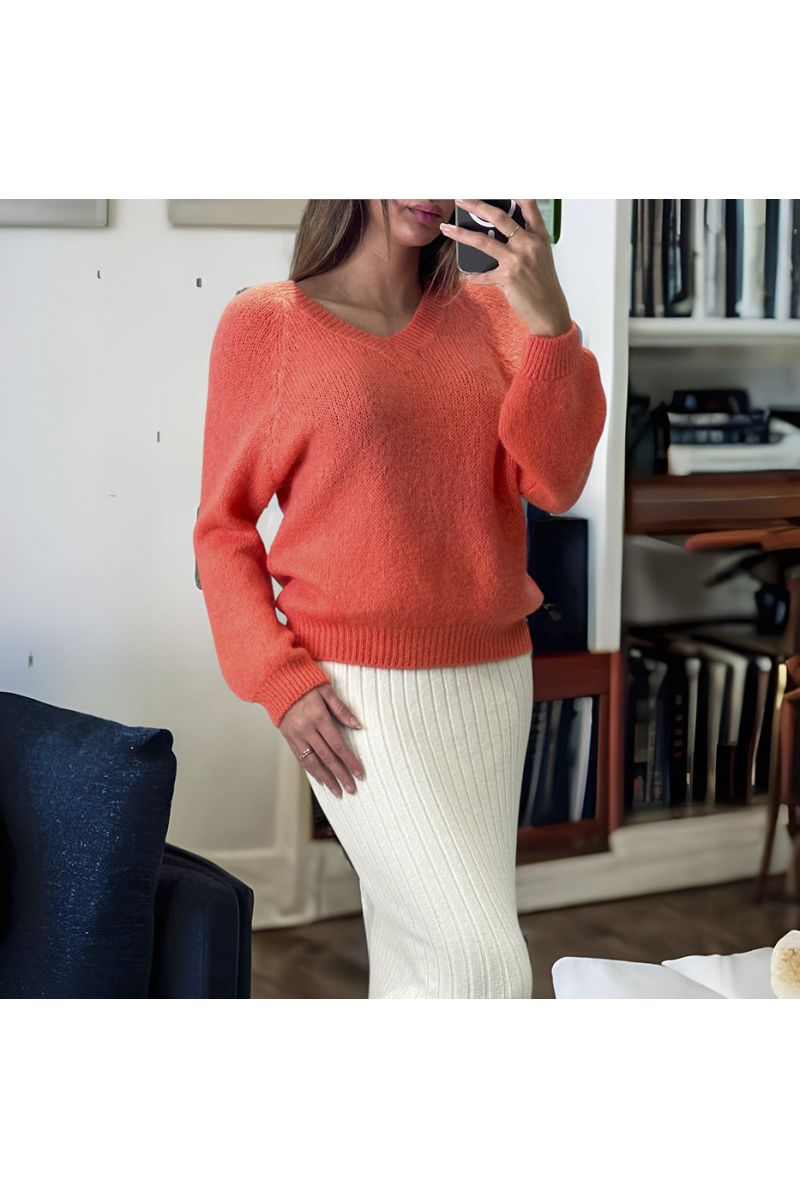 Orange sweater made of wool and mohair in V-neck - 2