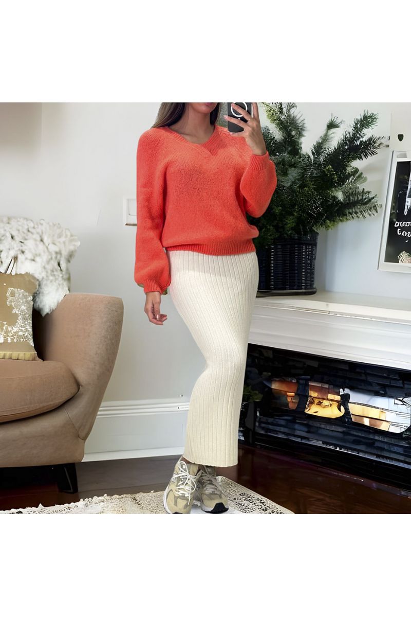 Orange sweater made of wool and mohair in V-neck - 4