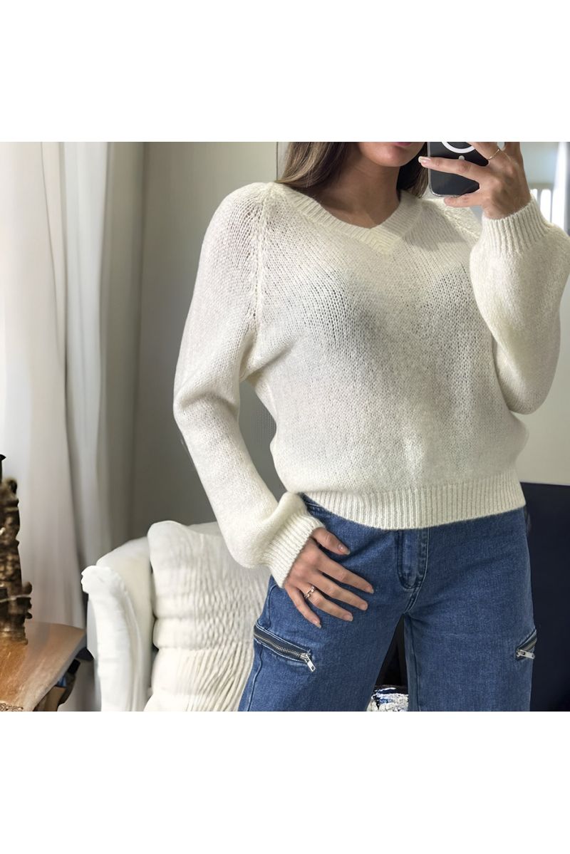 White sweater made of wool and mohair with V-neck - 1