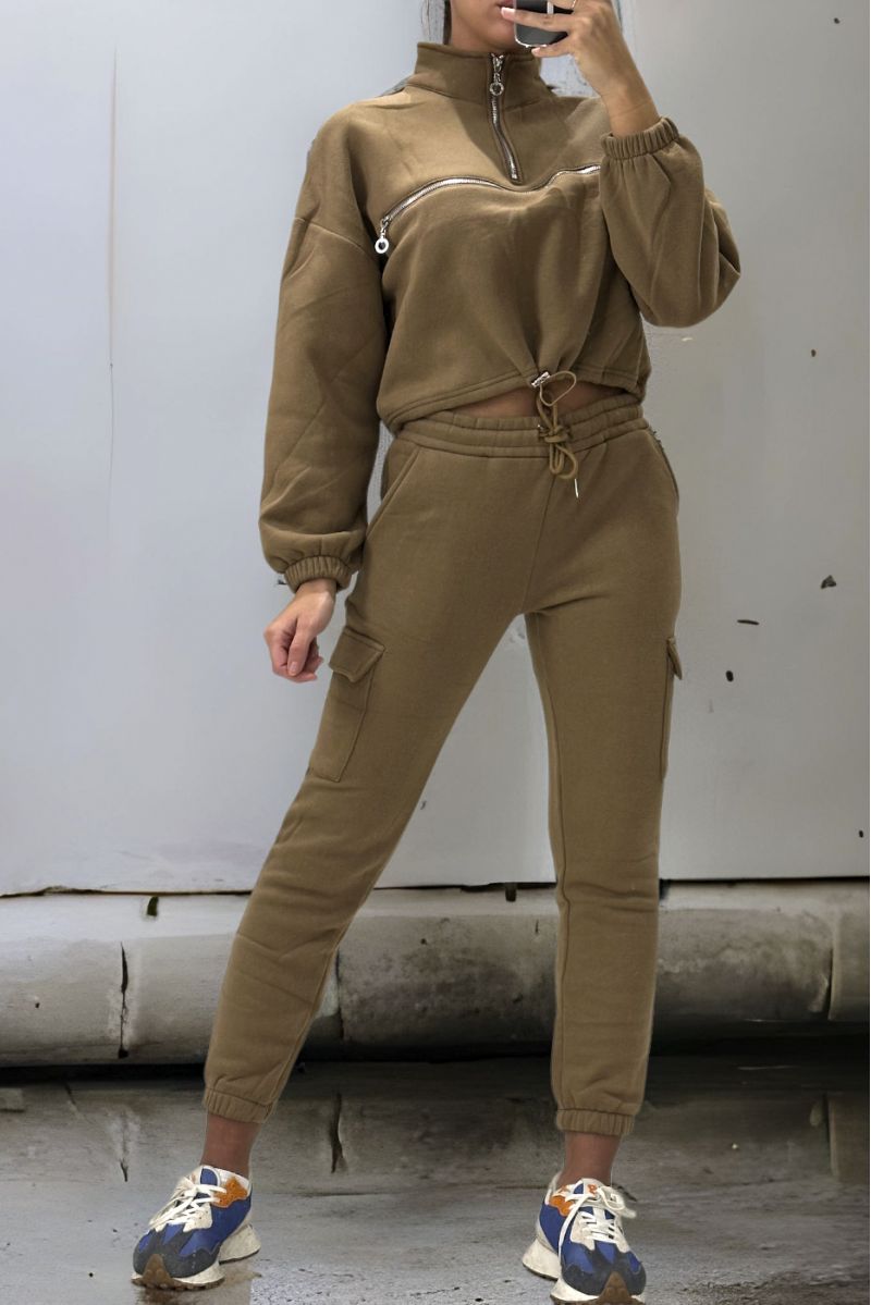 Very thick taupe joggers and sweatshirt set with front closure - 1