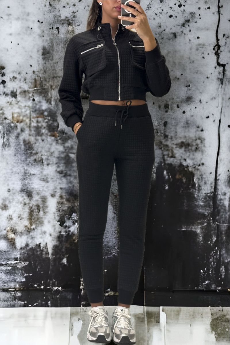 Zeer stijlvolle zwarte gewatteerde jogging- en sweatshirtset met rits - 1