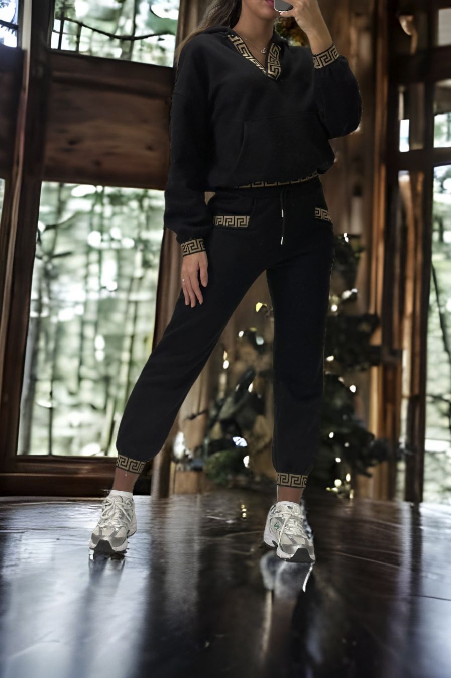 Ensemble jogging et sweat noir très épais avec bande inspi  - 2