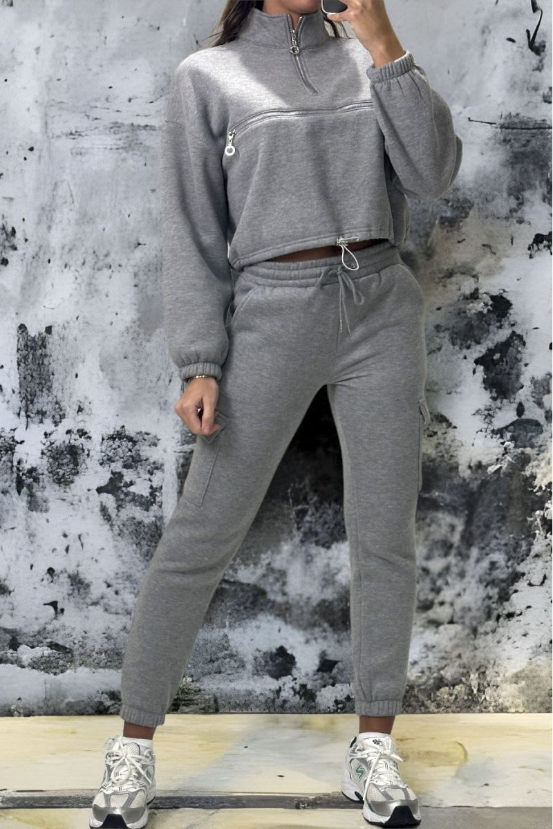 Very thick gray jogging and sweatshirt set with front closure - 1