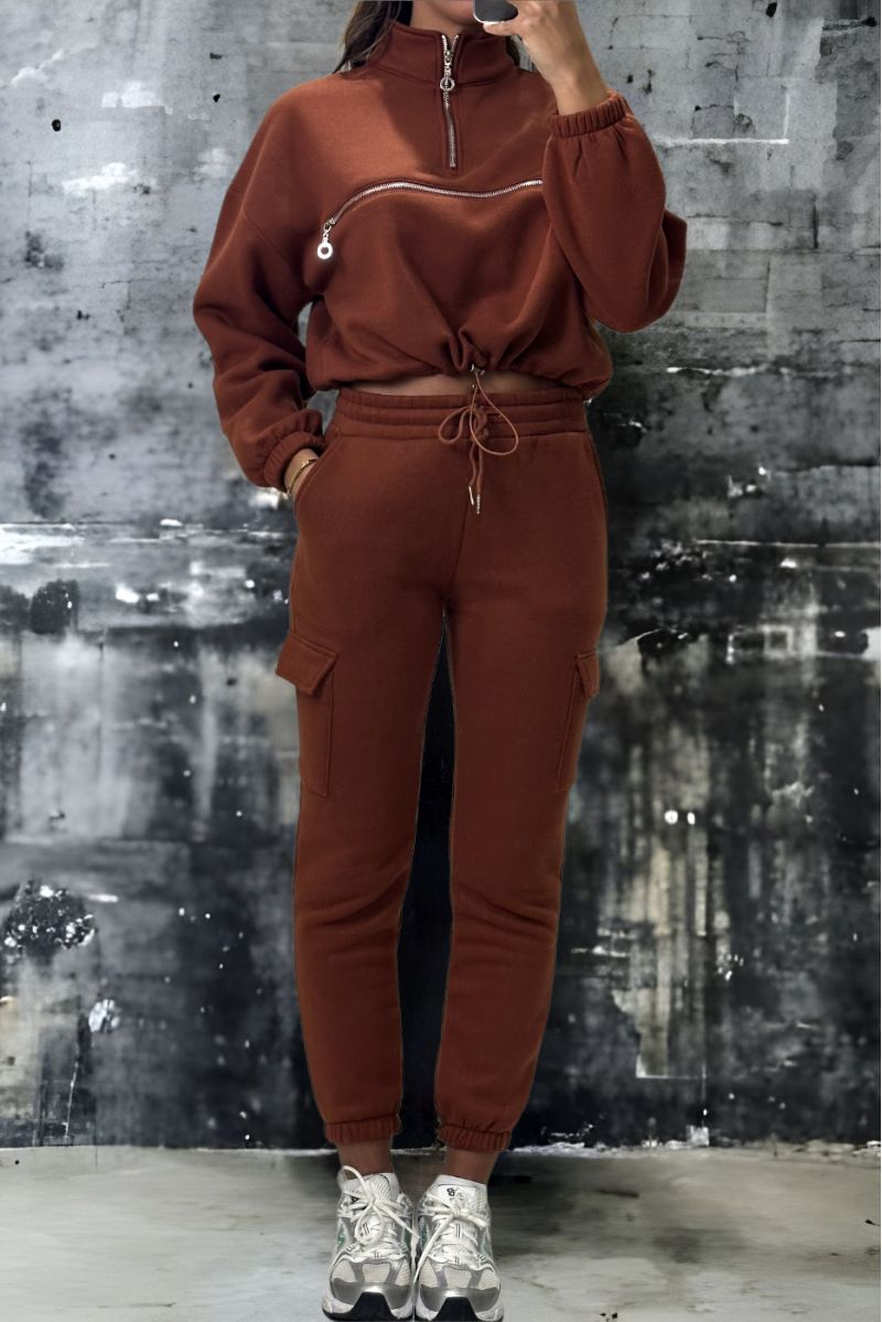 Very thick cognac jogging and sweatshirt set with front closure - 2