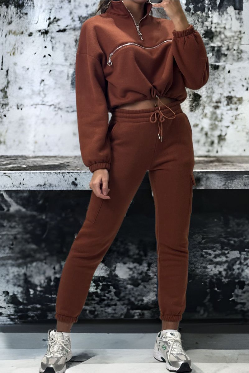 Very thick cognac jogging and sweatshirt set with front closure - 3