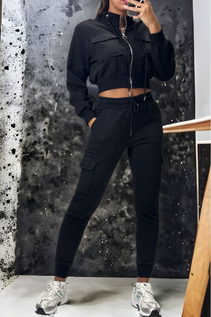Very classy black khaki jogging suit and zipped sweatshirt set - 1
