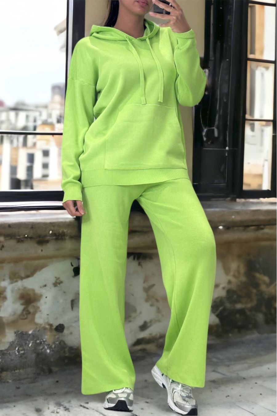 Green oversized turtleneck sweater and stretch rib knit jeggings set