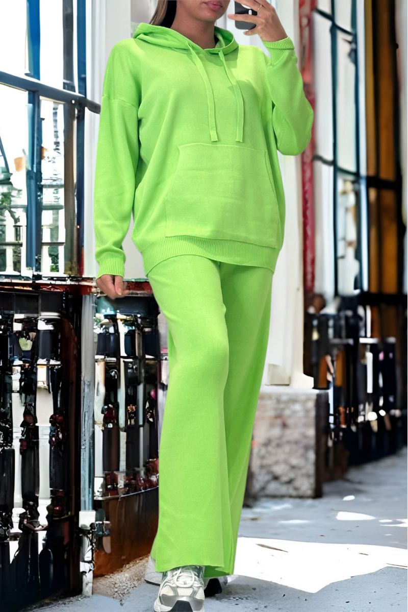 Ensemble vert anis sweat et palazzo en maille tricot très extensible - 3
