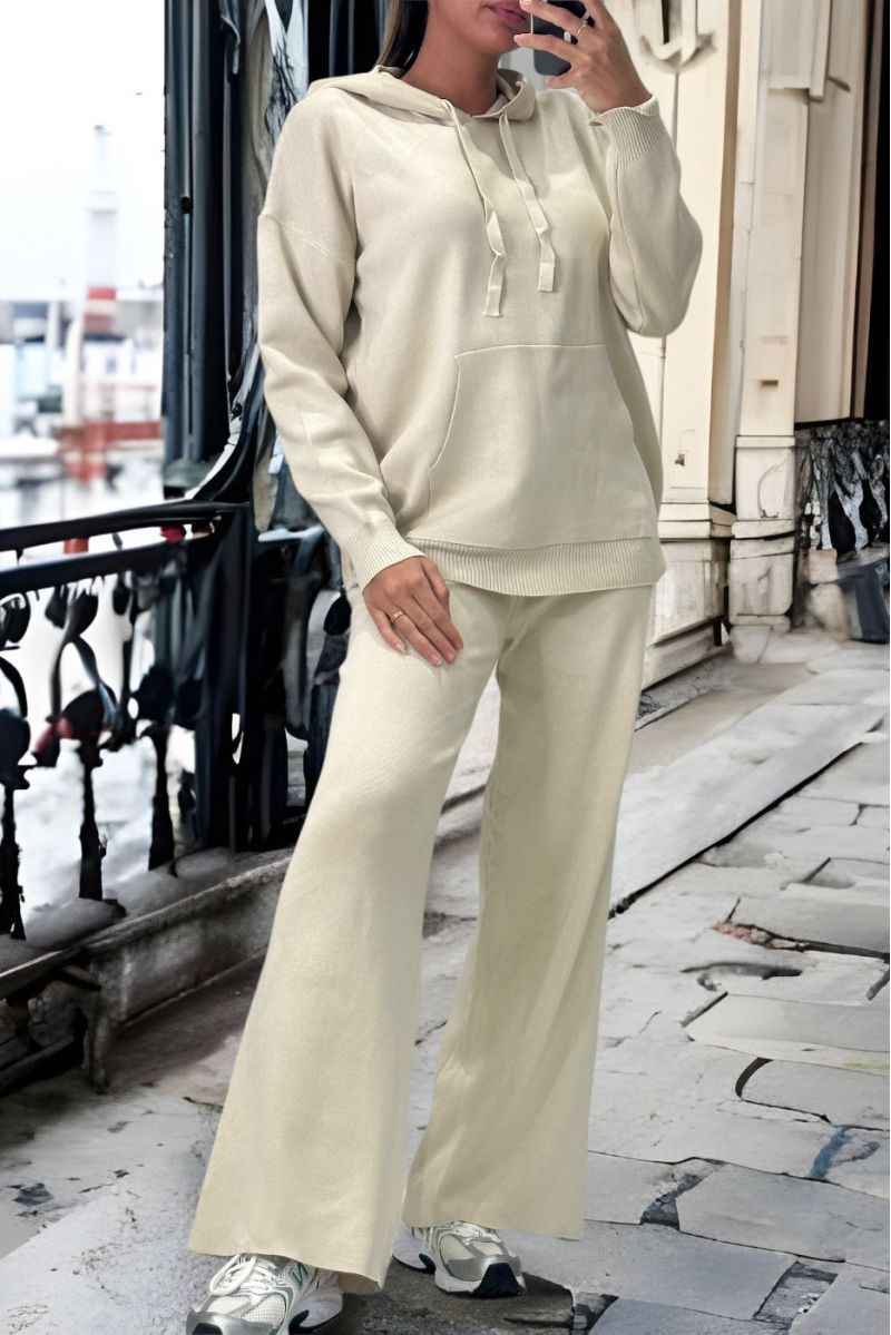 Ensemble beige sweat et palazzo en maille tricot très extensible - 1