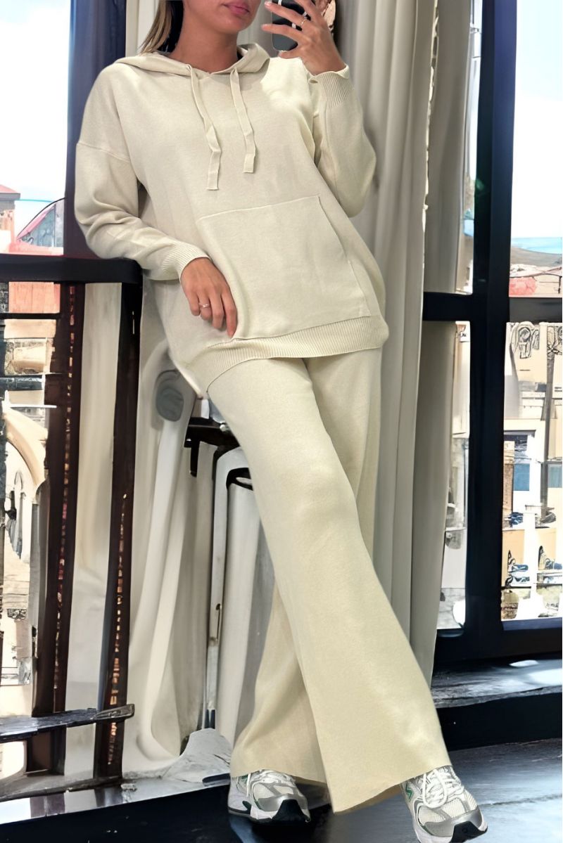 Ensemble beige sweat et palazzo en maille tricot très extensible - 2