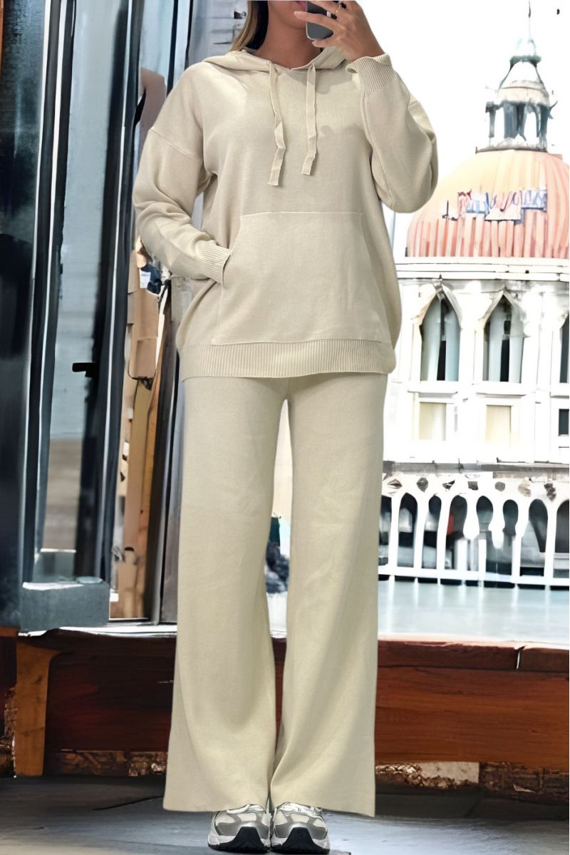 Ensemble beige sweat et palazzo en maille tricot très extensible - 3