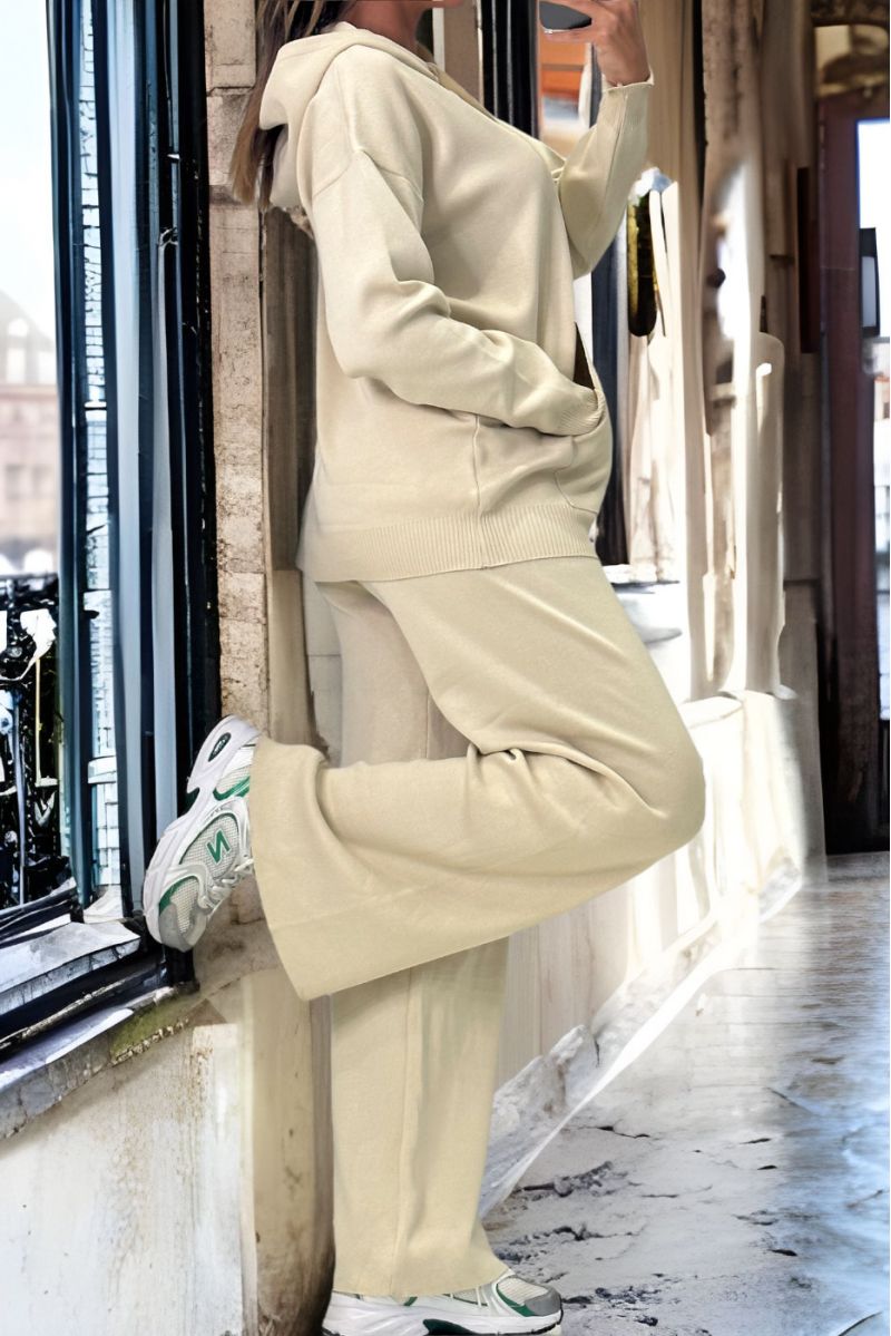 Beige superstretch gebreide sweater en palazzo set - 4