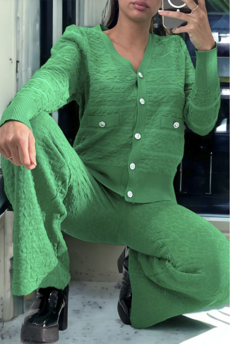 Ensemble vert gilet et pantalon palazzo en jaquard très extensible - 3