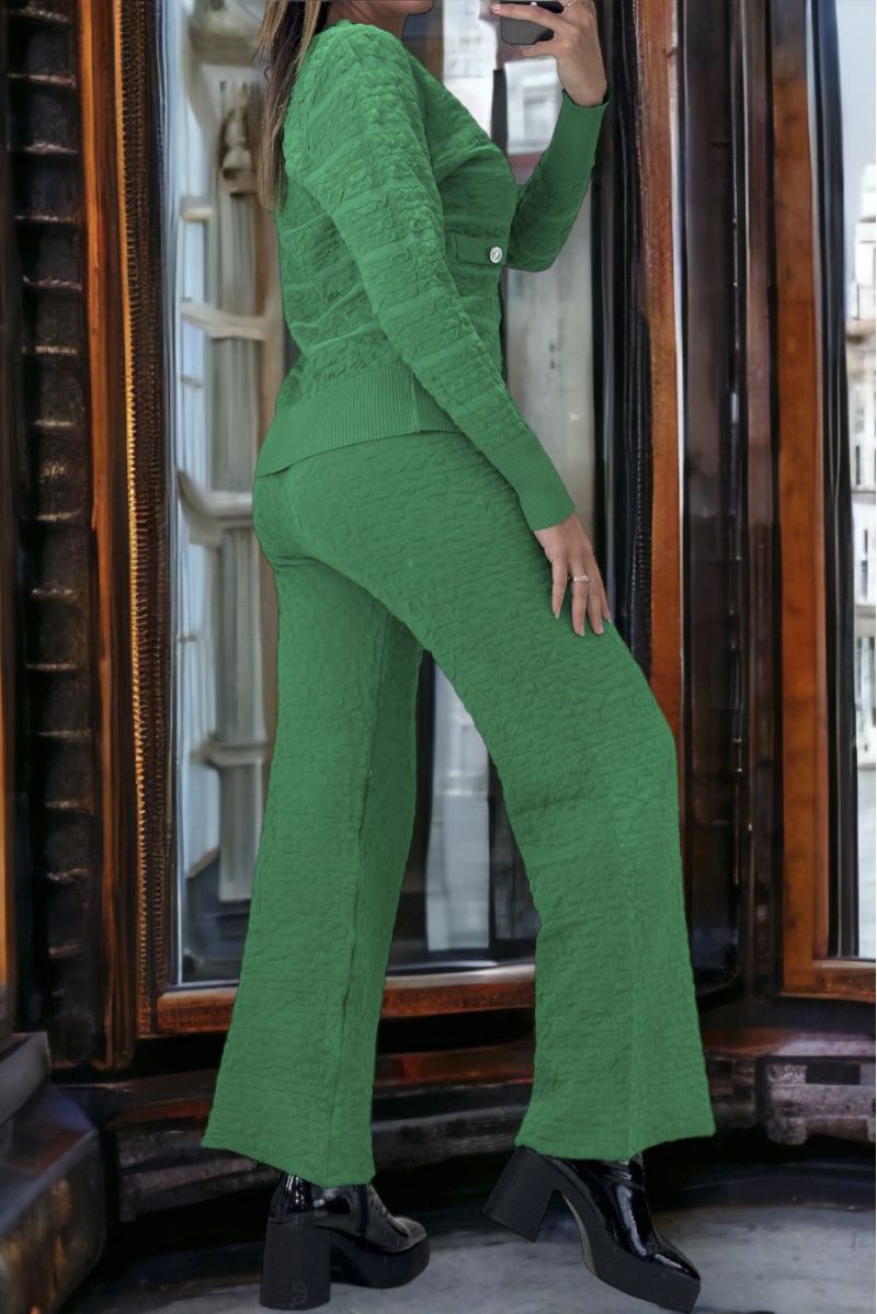 Ensemble vert gilet et pantalon palazzo en jaquard très extensible - 4