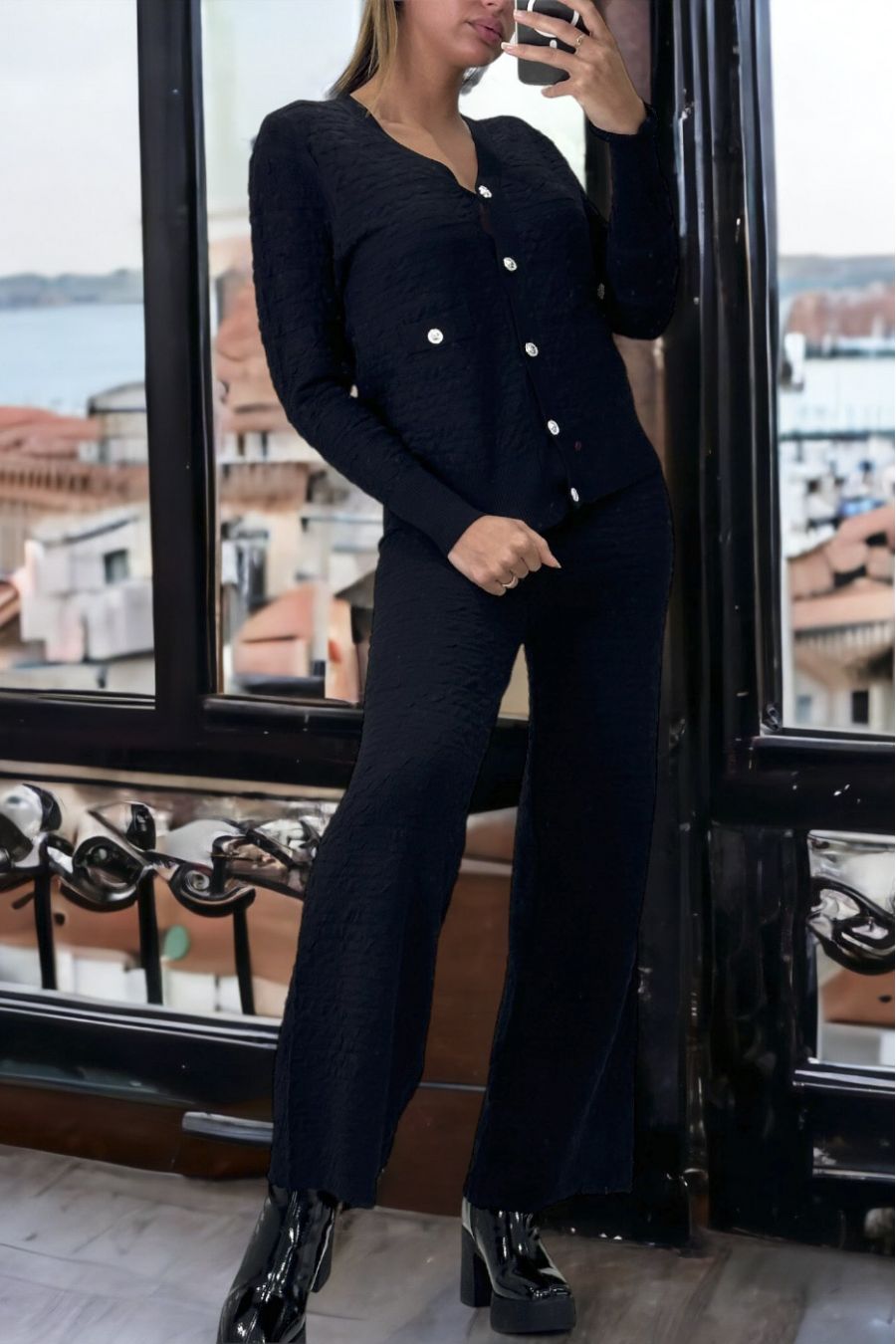 Ensemble noir gilet et pantalon palazzo en jaquard très extensible - 2