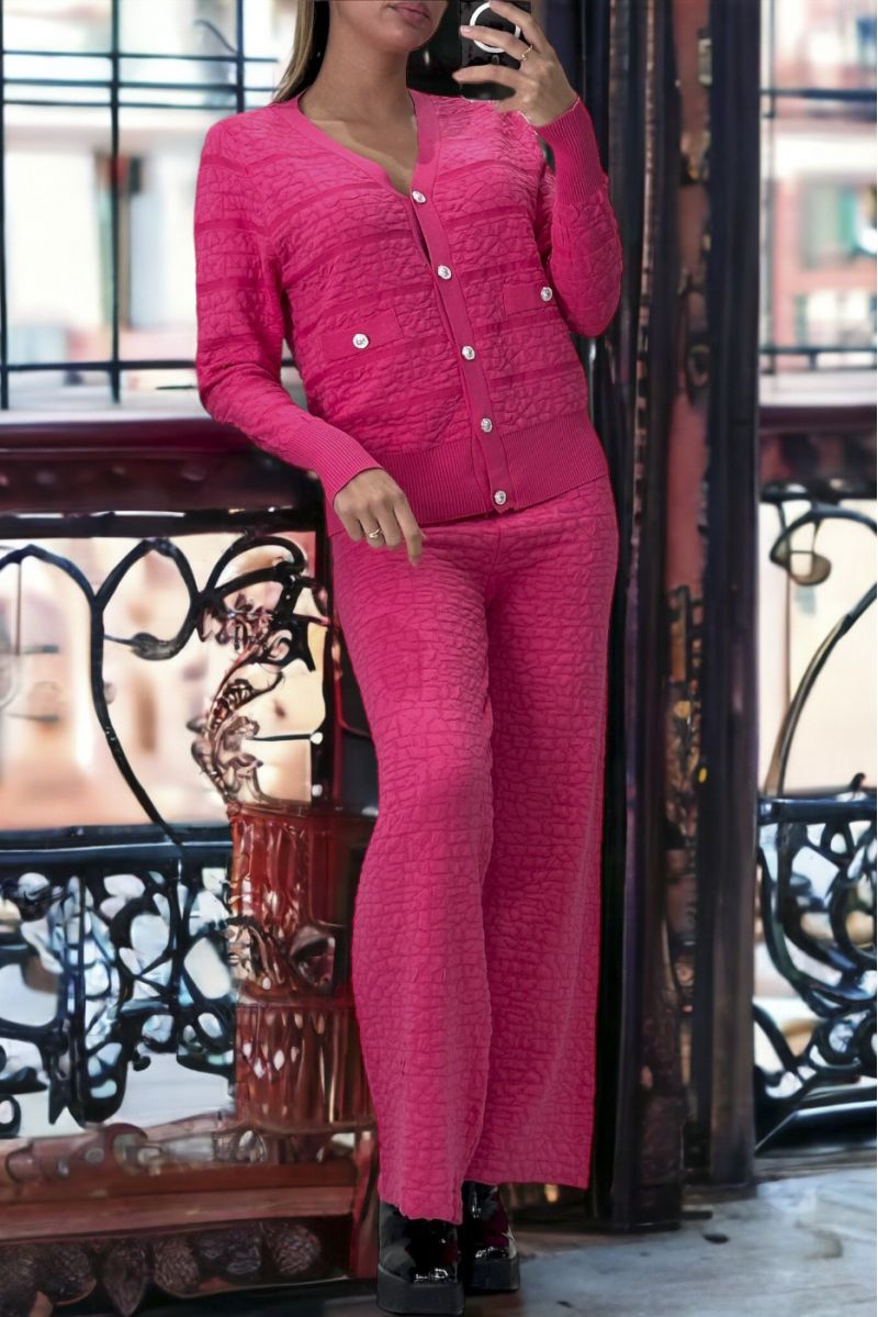 Fuchsia vest and palazzo pants set in very stretchy jacquard - 1