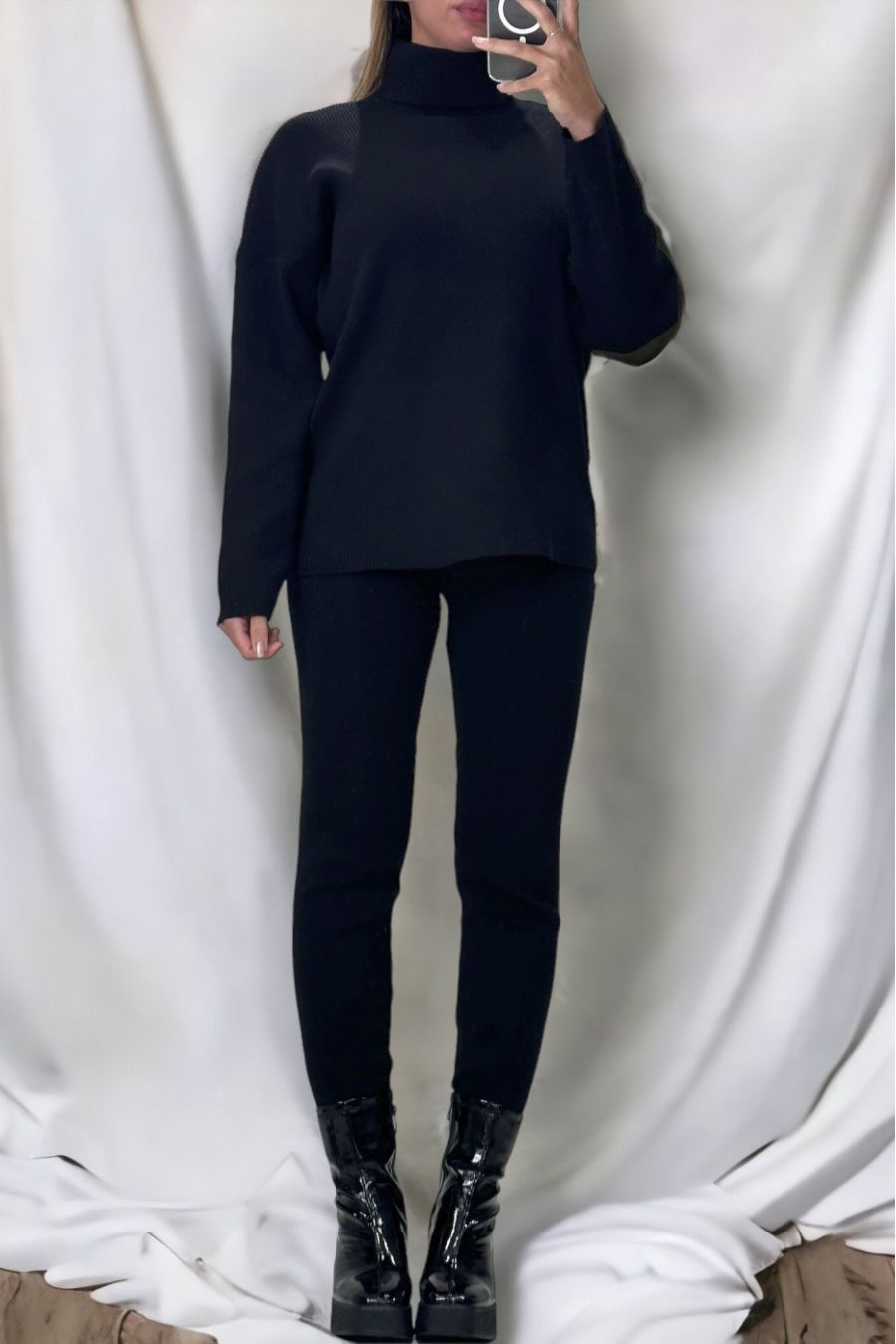 Set van zwarte oversized coltrui en stretch ribgebreide jegging - 3