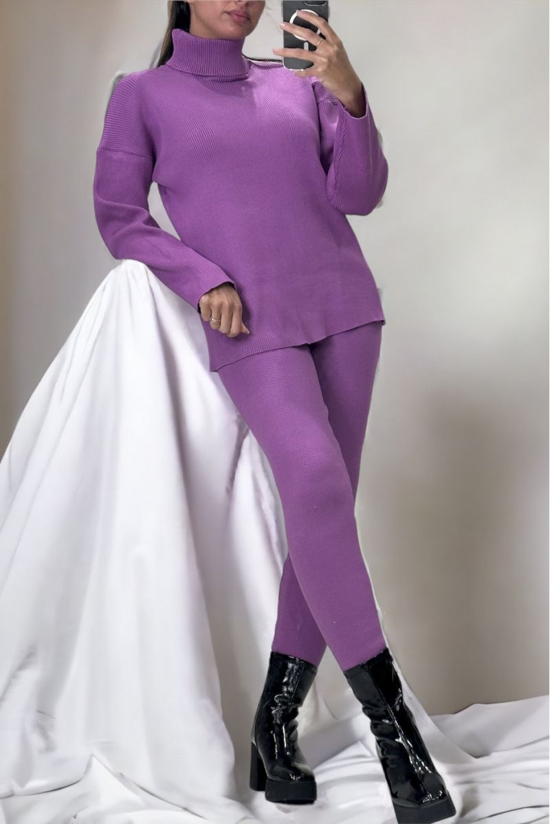 Purple oversized turtleneck sweater and stretch rib knit jeggings set - 1