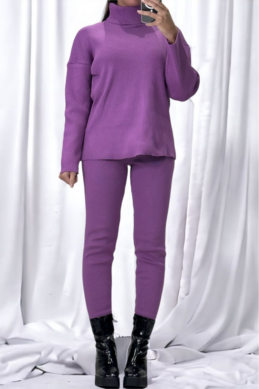 Ensemble pull col roulé over size et jegging en maille côtelé extensible violet - 2