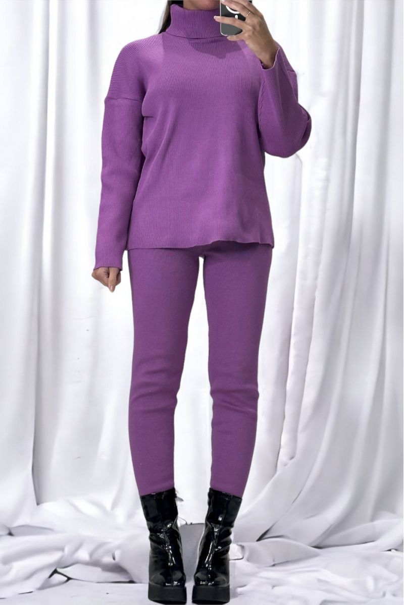 Purple oversized turtleneck sweater and stretch rib knit jeggings set - 2