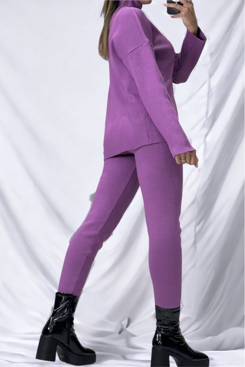 Purple oversized turtleneck sweater and stretch rib knit jeggings set - 3