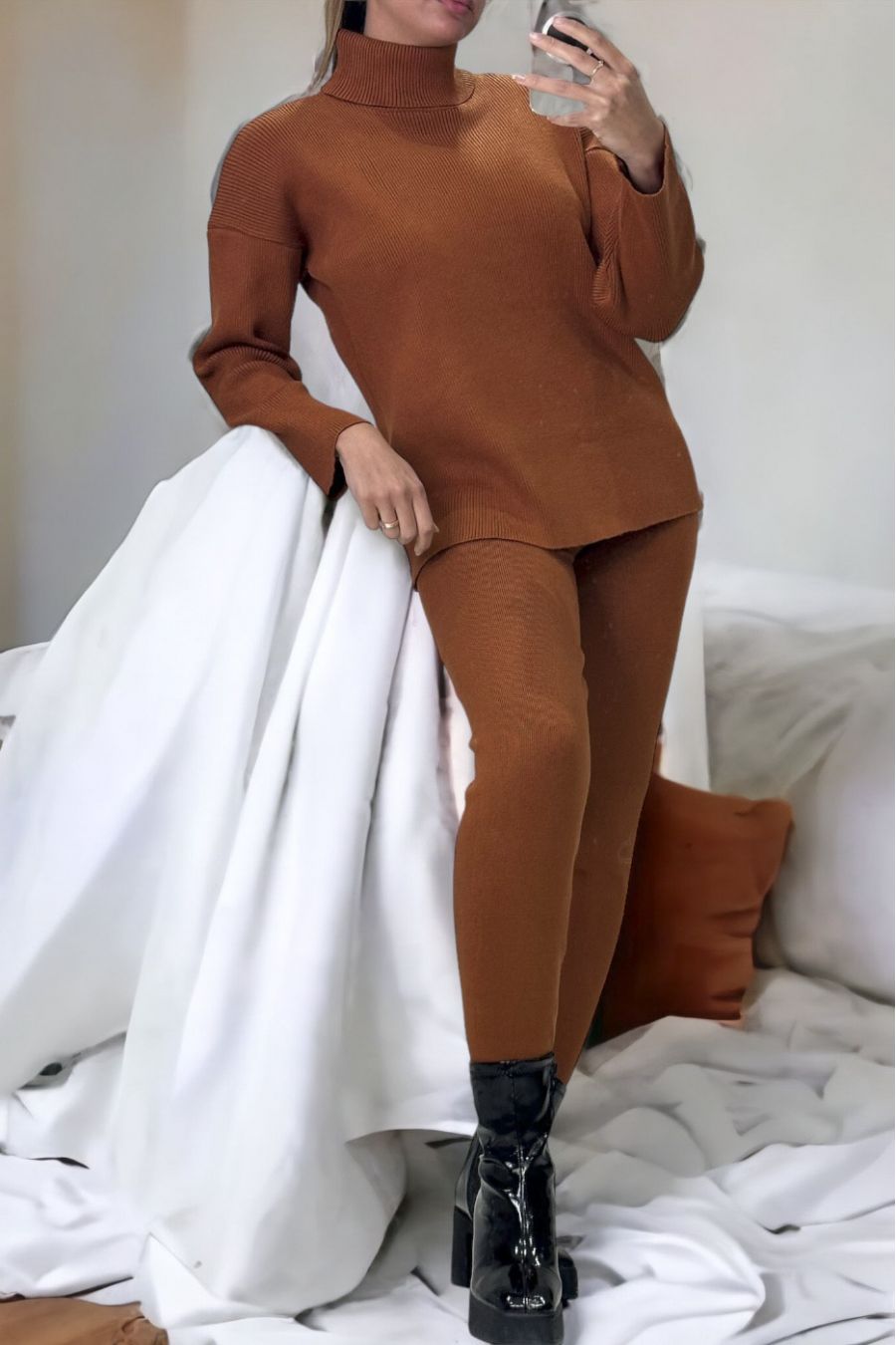 Cognac oversized coltrui en stretch ribgebreide jegging set - 1