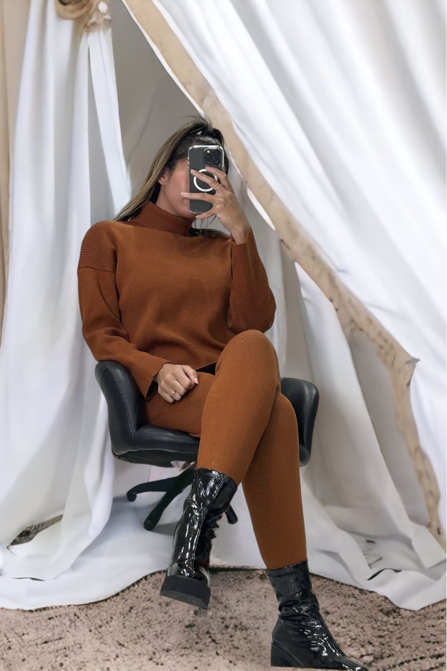 Cognac oversized coltrui en stretch ribgebreide jegging set - 2