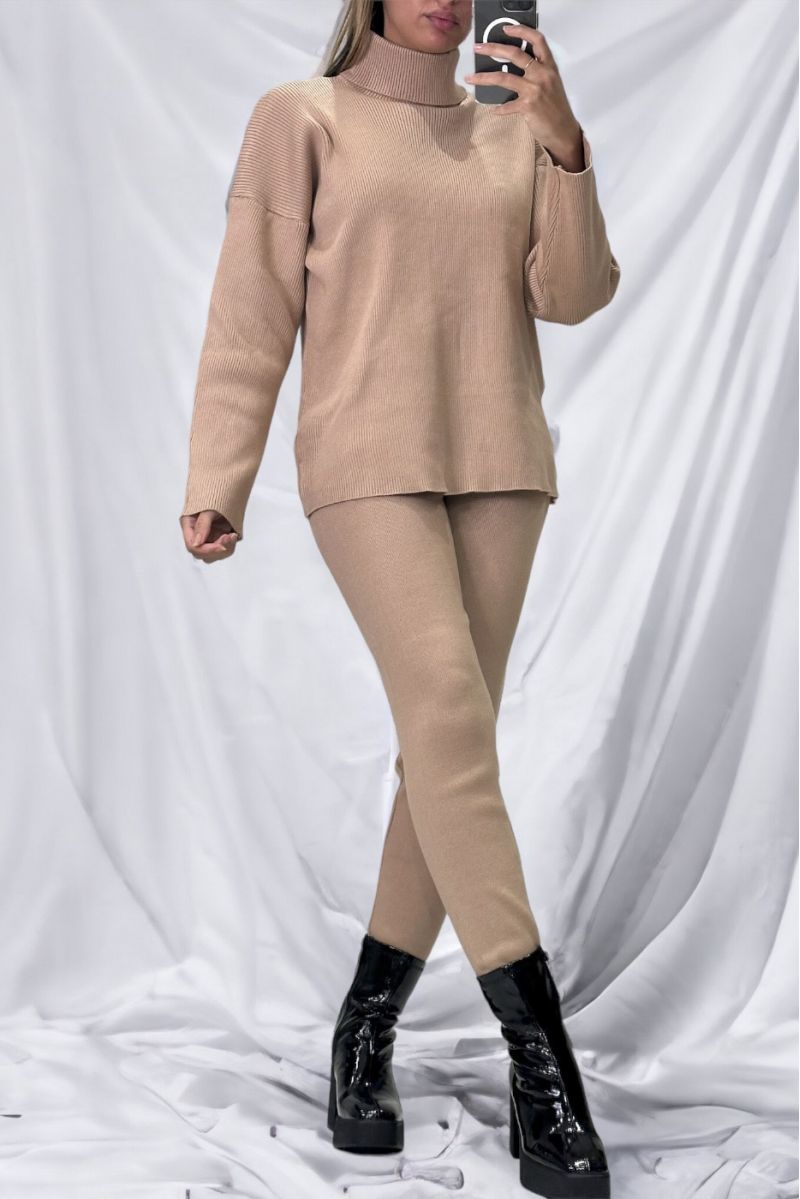 Taupe oversized turtleneck sweater and stretch rib knit jeggings set - 2