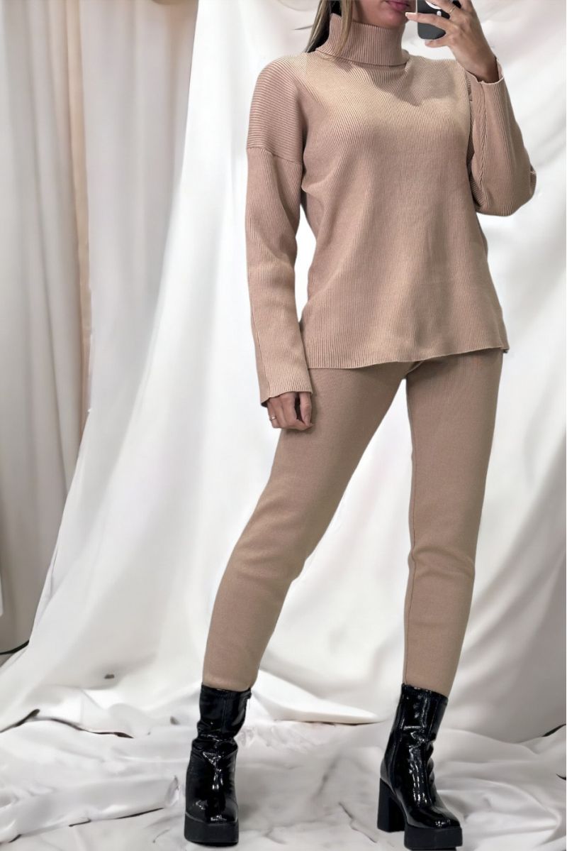Taupe oversized turtleneck sweater and stretch rib knit jeggings set - 3