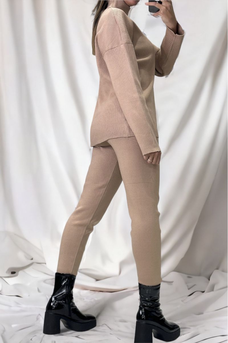 Taupe oversized turtleneck sweater and stretch rib knit jeggings set - 4