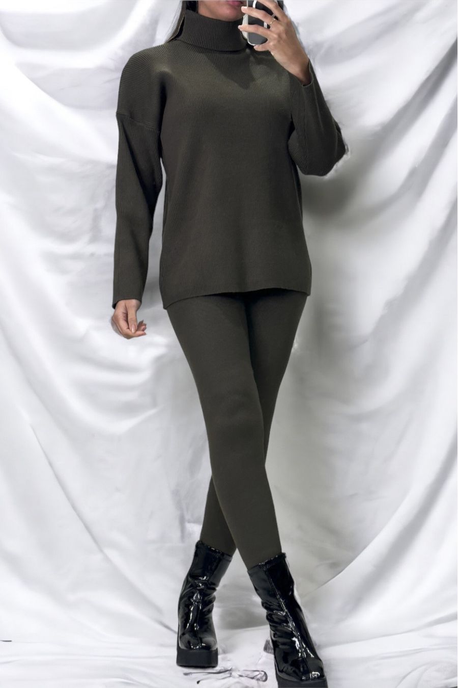 Khaki oversized turtleneck sweater and stretch rib knit jeggings set - 1
