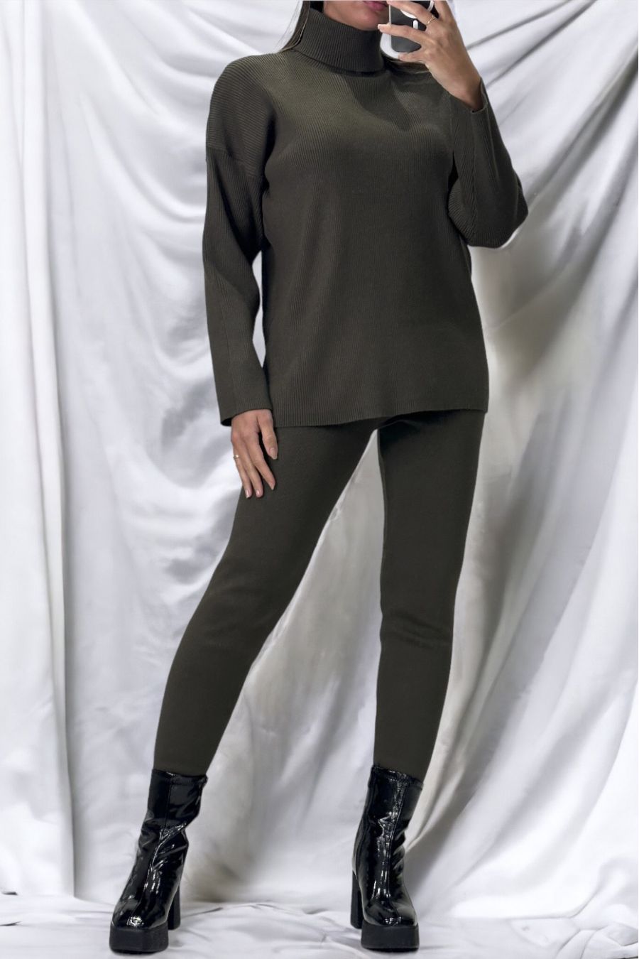 Khaki oversized turtleneck sweater and stretch rib knit jeggings set - 2