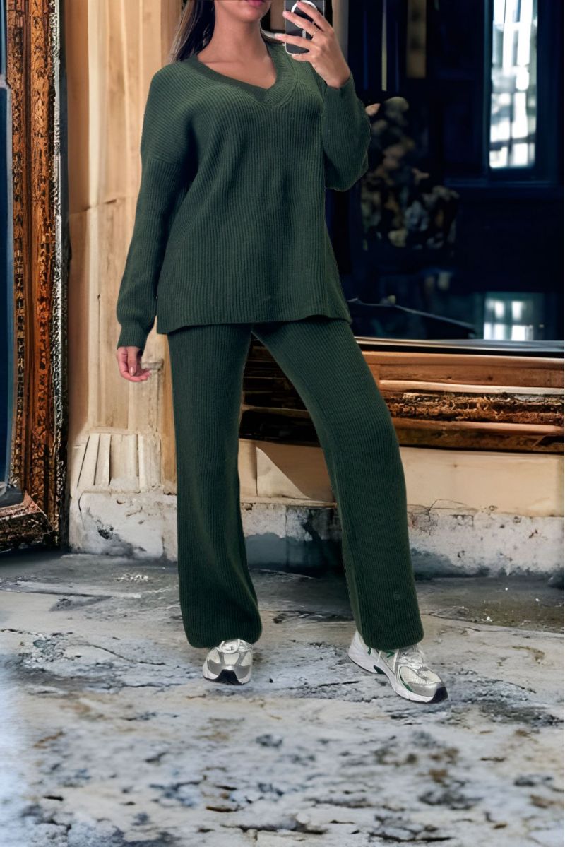 Khaki V-neck sweater and palazzo pants set in thick stretch knit - 1