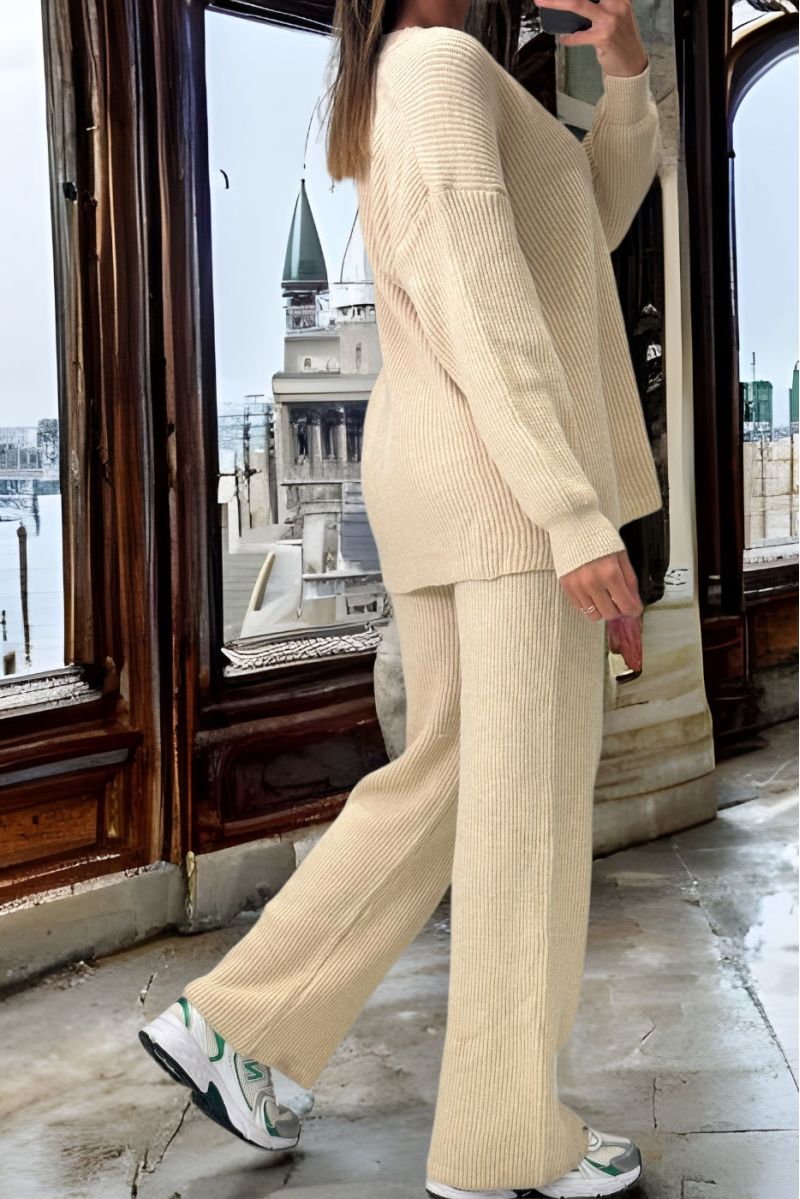 Ensemble beige pull col V et pantalon palazzo en maille épais extensible  - 4