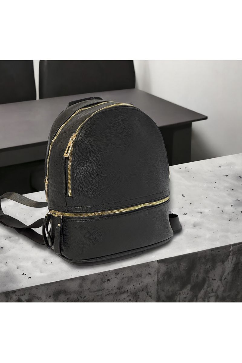 Plain black backpack with several gold closures - 2