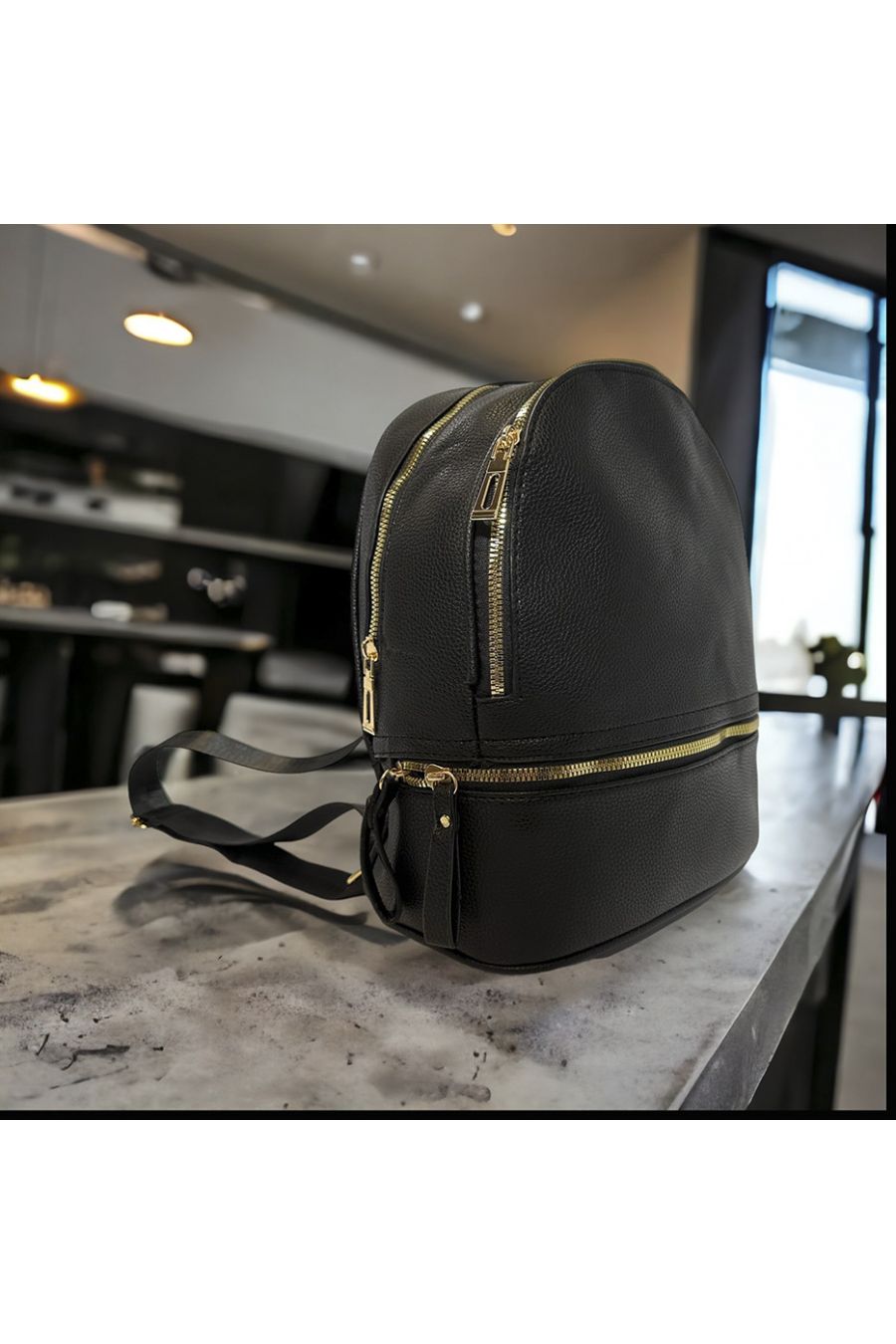 Plain black backpack with several gold closures - 3