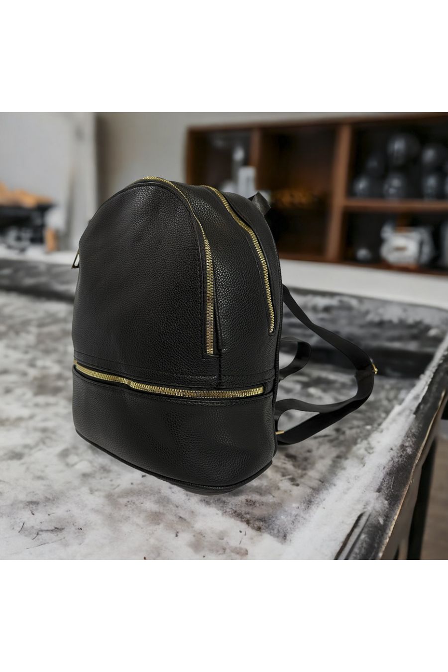Plain black backpack with several gold closures - 4