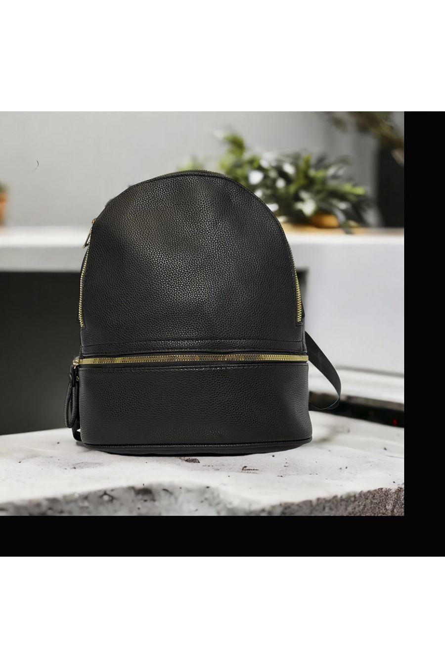 Plain black backpack with several gold closures - 5