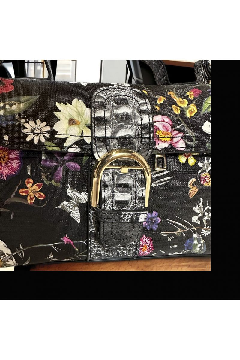 Black inspired handbag with pretty floral pattern - 2