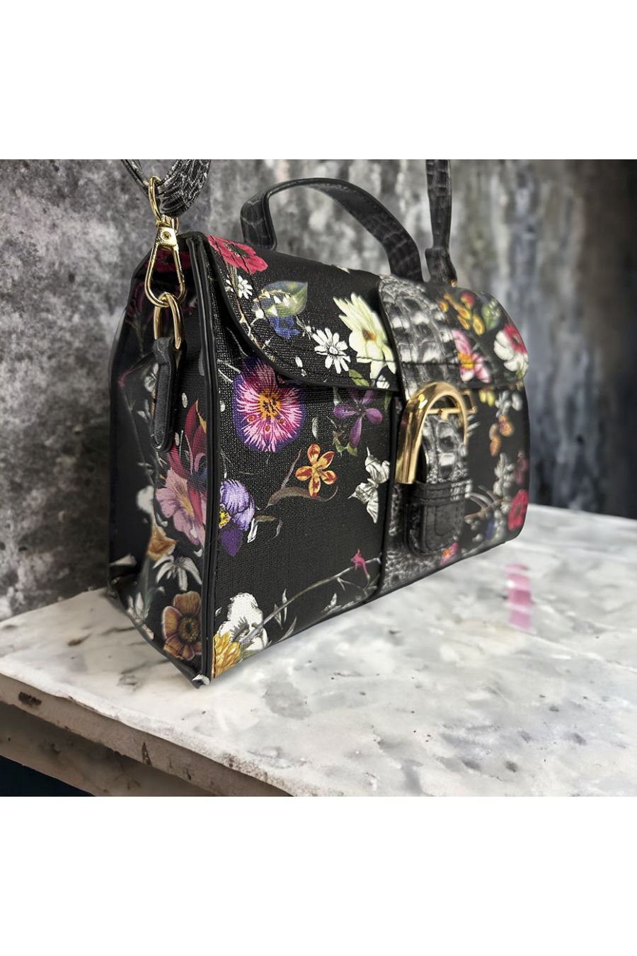 Sac à main inspi noir avec joli motif fleuris - 3