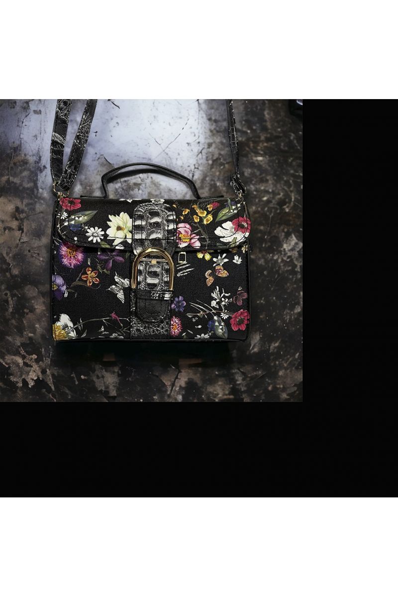 Black inspired handbag with pretty floral pattern - 5