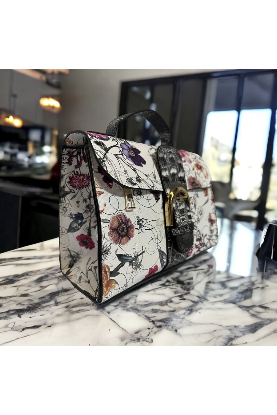 Sac à main inspi blanc rouge avec joli motif fleuris  - 2