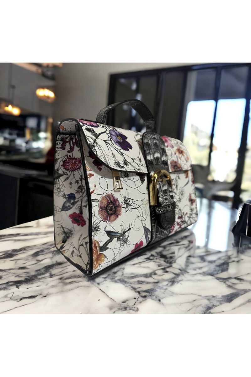 Sac à main inspi blanc rouge avec joli motif fleuris  - 2