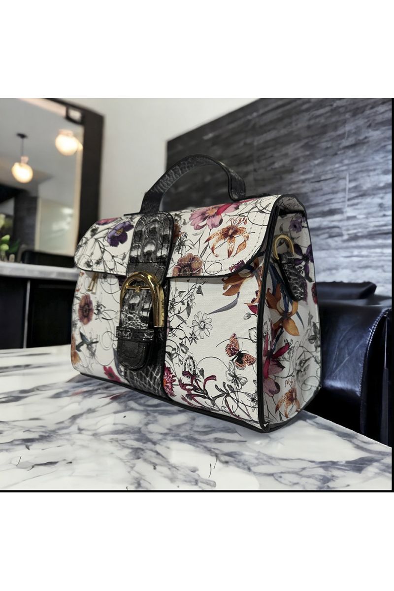 Sac à main inspi blanc rouge avec joli motif fleuris  - 3