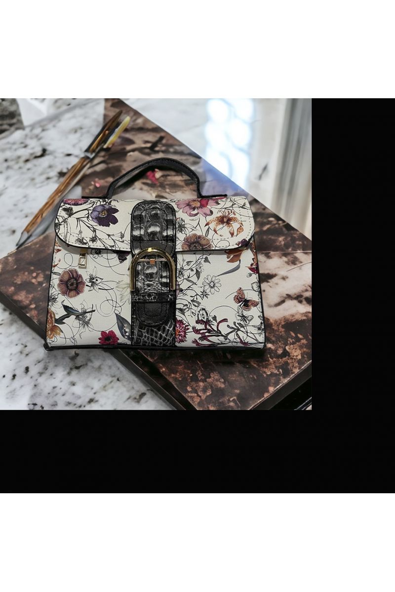 Sac à main inspi blanc rouge avec joli motif fleuris  - 4