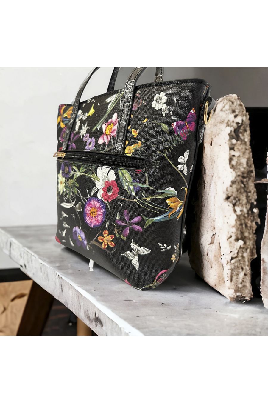 Sac à main inspi fleuris noir - 1