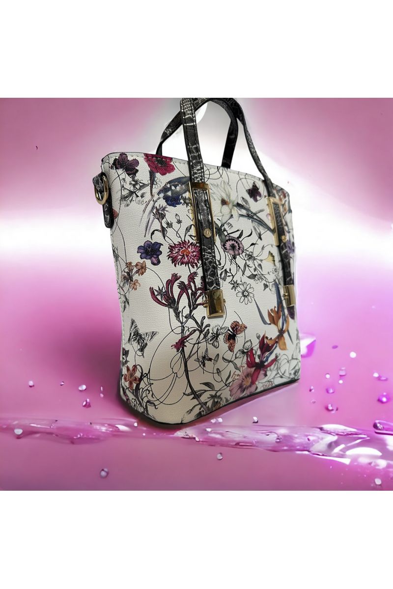 Sac à main inspi fleuris blanc et rouge - 3
