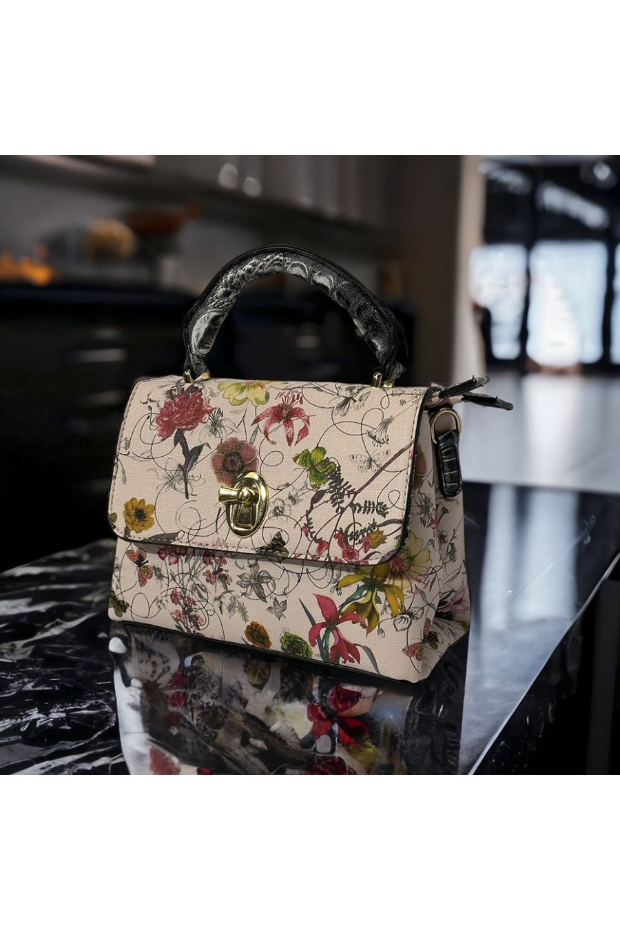 Inspirational handbag with pink floral pattern - 2