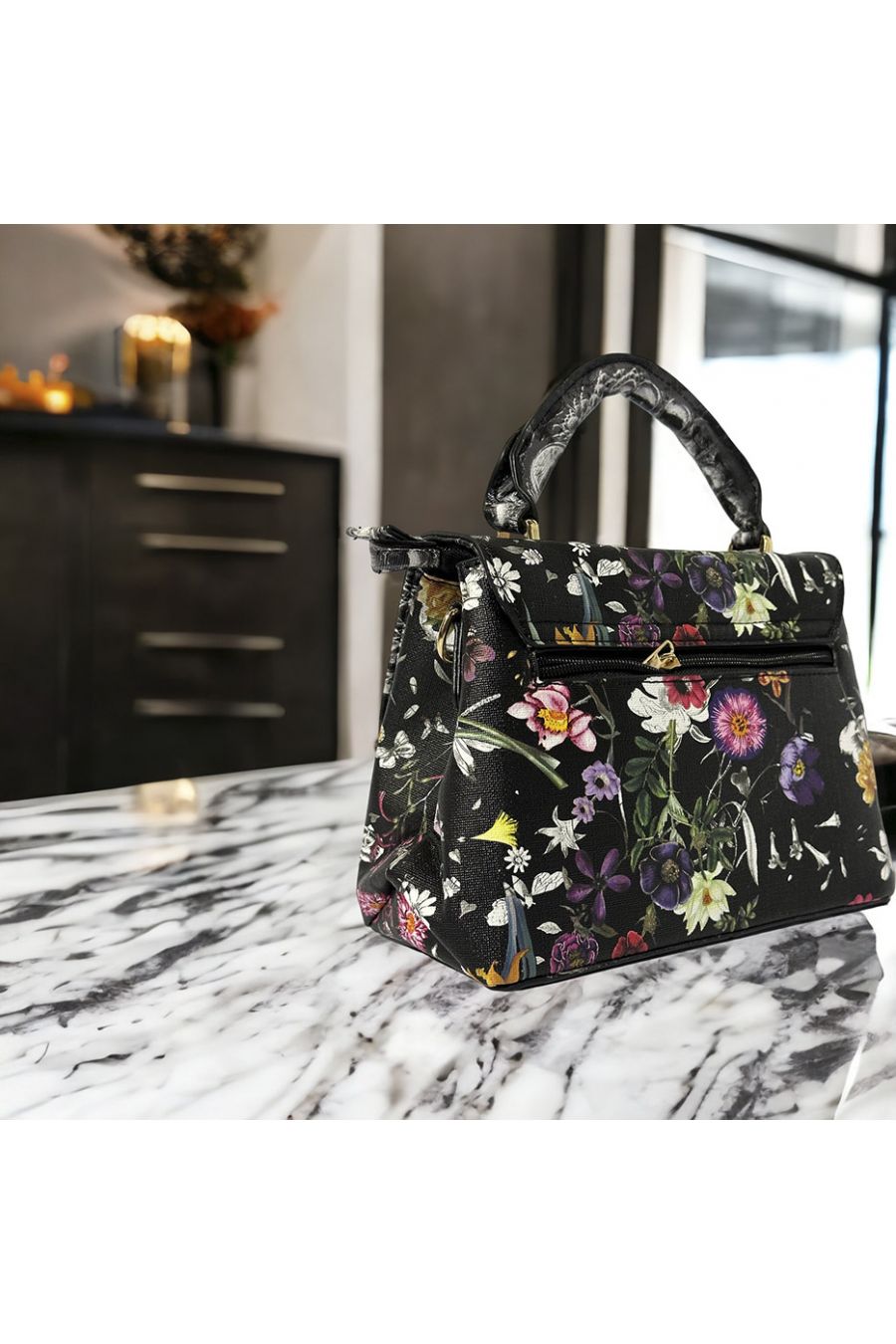 Sac à main inspi à motif fleuris noir - 1