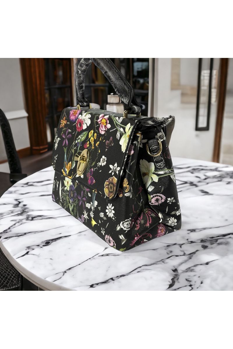 Sac à main inspi à motif fleuris noir - 2